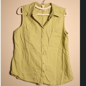 Talbots Medium Green Linen Cotton Sleeveless Button Front Collared Top